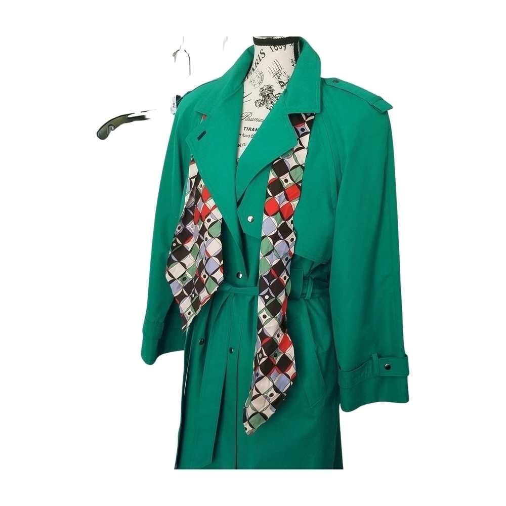 80s Vintage Emerald Spring Green Dopamine Trench Coat Maxi Lenght Size Large - Picture 6 of 13